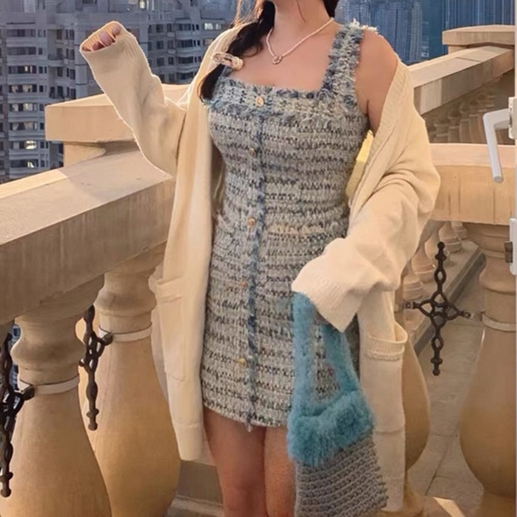 Vintage Chic Tweed birthday dress Mini Dress with pockets Blue Pastel Plaid - Picture 8 of 8